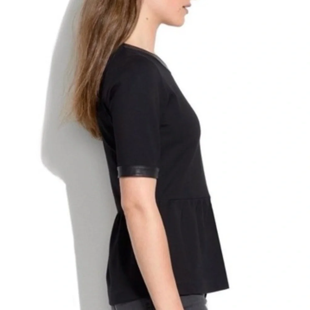 Madewell Black Short Sleeve Peplum leather accent Top. - Picture 3 of 6